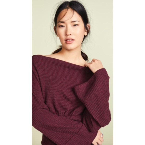 We The Free / Free People Crazy On You Thermal Knit Off Shoulder Sweater in Wine - Picture 6 of 12